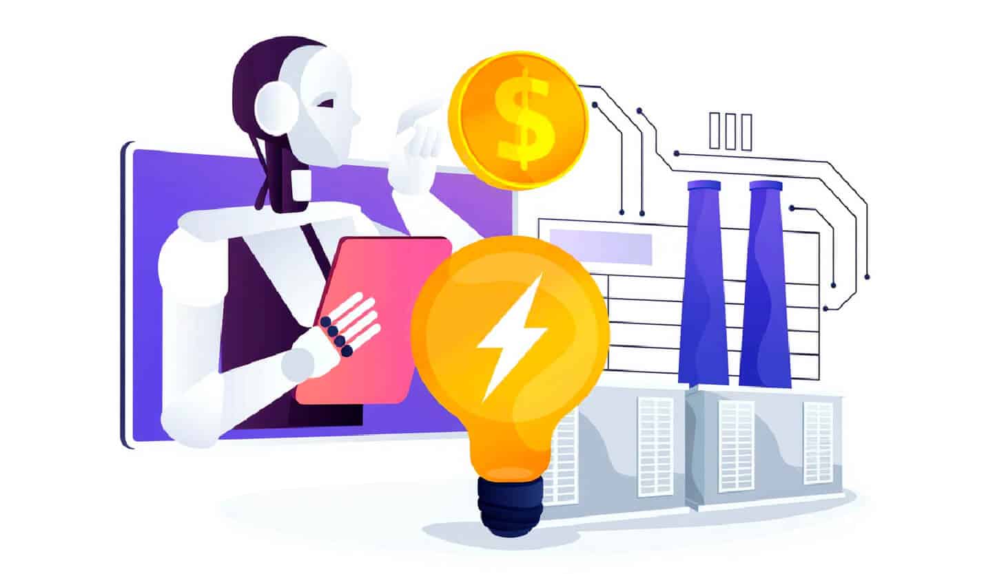 Un robot con un check in y un foco a un lado, en el otro lado hay industrias